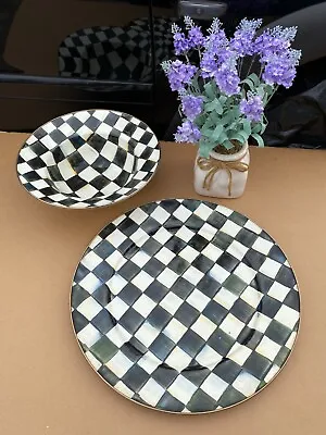 MacKenzie Childs Plates And A Flower Vase Deep Dish Dinner Courtly Check Enamel • $135