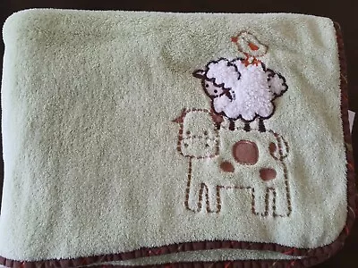 Lambs And Ivy 2010 Baby Blanket Lime Green Cow Sheep Bird Brown Trim 30 ×40  • $23.99