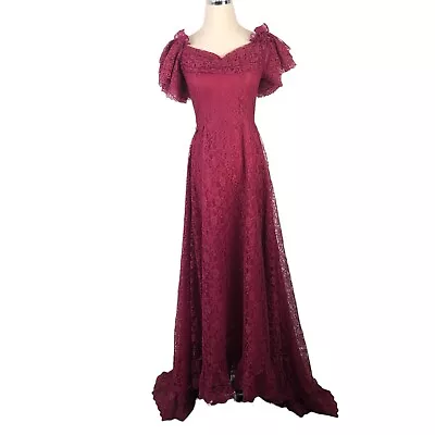 Vintage 1980s Formal Dress Womens 5/6 Burgundy Lace Maxi Satin Ribbon Pick Ups • $29.06