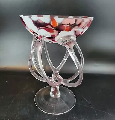 Hand Made MAKORA Krosno Twisted Fine Art Glass Poland Candy Dish White/Red 8  • $29