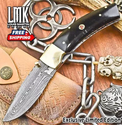 Forged Twist Damascus Folding Knife Bull Horn Liner Lock Outdoor • $0.99