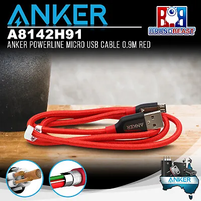$22.95 • Buy Anker A8142H91 PowerLine+ Micro 0.9m Android Smartphones USB Cable W/ Pouch Red