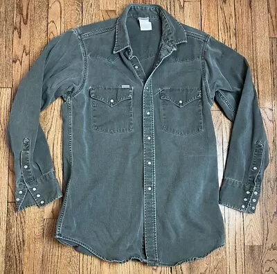 Vintage Carhartt Pearl Snap Shirt Green Western Rugged Wear USA Sz Large • $39.95