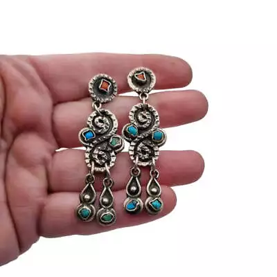 Long Mexican Earrings For Women 925 Sterling Silver Red Coral. • $120.27