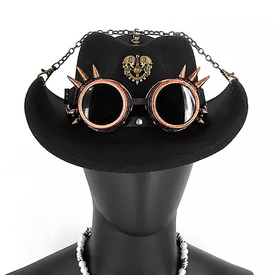  Vintage Mens Western Jazz Hats Steampunk Cosplay Cowboy Chain Hats With Goggles • $35