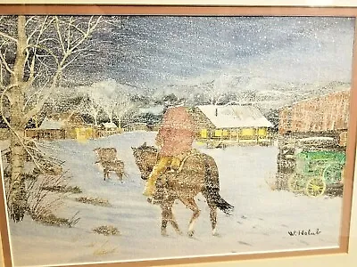 Cool Winter Watercolor Painting Cowboy Log Cabin Old John Deere Tractor W Holub • $129.99