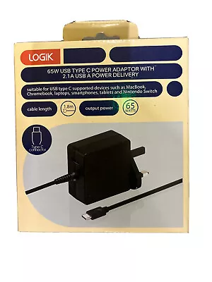 Logik USB Type C Power Adapter - LTC65W18 65W Universal Compatibility - Black  • £21.99