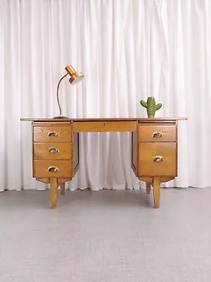 Vintage  1960s Mid Century Teachers School Light Oak Desk Home Office • £345