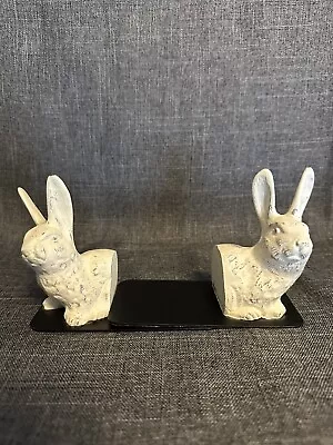 White Antiqued Ceramic Bunny Rabbit Book Ends Heavy Duty 4 Inches Tall  • $15