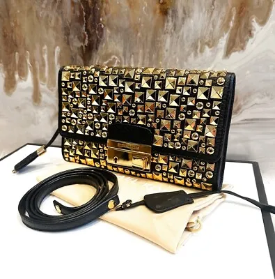 Rare Limited Edition Michael Kors Studded Leather Gia  Black Gold Clutch Bag • $475