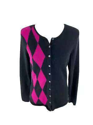 Victor Alfaro Women S 100% Cashmere ButtonCardigan Sweater Argyle Pattern Black • $35.04