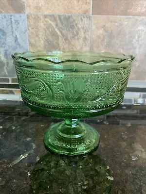 MCM Green Pressed Glass Bowl On Pedestal By E O Brody Co. Ohio M-6000 Candy Dish • $9.99