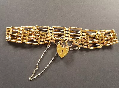 Hallmarked ASJ 9Ct Yellow Gold 5 Bar Gate Bracelet Heart Clasp 7gr London  • £295