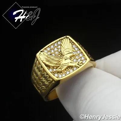 MEN's Stainless Steel Icy Bling CZ Gold Plated EAGLE Square Ring Size 8-12*GR153 • $17.99