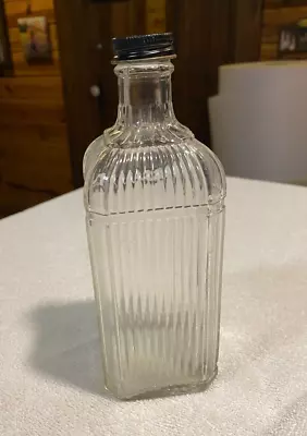 VINTAGE SQUARE RIBBED MEDICINE ELIXIR BOTTLE W/CAP - 7 5/8  TALL • $10.50