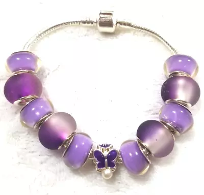 7.9  Purple Butterfly Dangle Charm Murano Lampwork Glass Beads Bracelet • $8.99