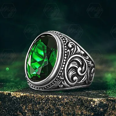 925 Sterling Silver Green Cubic Zirconia Stone Engraved Turkish Men's Ring • $62.91