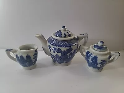 Vintage 3 Pieces Blue White Porcelain Teapot Sugar Creamer Set Miniature Japan • $16.50