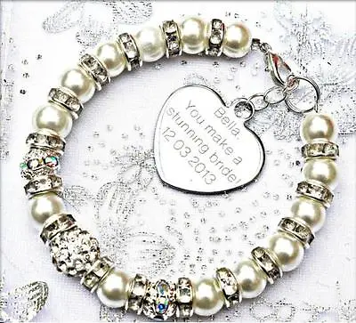 £9.99 • Buy Personalised Engraved Bride Wedding Charm Bracelet Free Card & Bag & 12 Colours