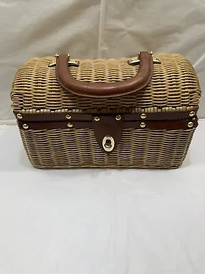 Vtg 60s Lg Wicker Basket Handbag British Hong Kong Leather Accent 11.5x5x6” • $45