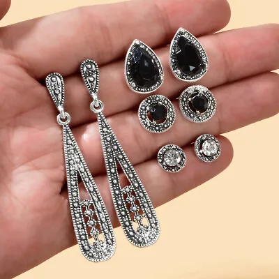 $1.99 • Buy 4 Pairs Vintage Rhinestone Antique Silver Water Drop Dangle Stud Earrings Set