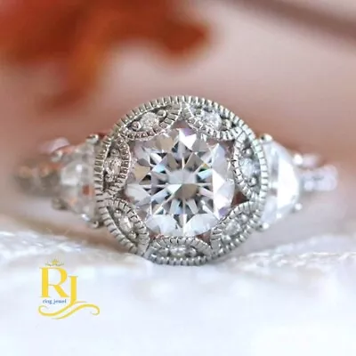 Round Cut 2.50 Carat Moissanite Vintage Engagement Ring Solid 14K White Gold • $217.05