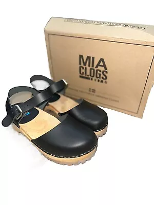 MIA Swedish Abba Clogs Black Leather Platform Wood EU 37 8M • £69.41