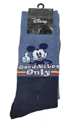 2 Pair Disney Mickey Mouse Good Vibes Vintage Style Mens Crew Socks Size 10-13 • $7.98