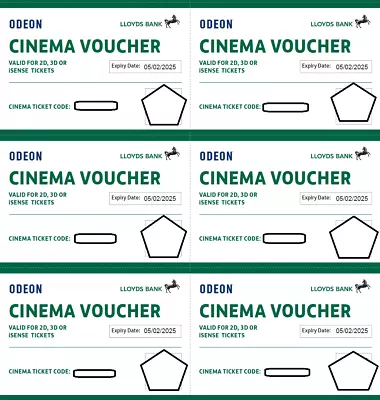 6 X Club Lloyds Odeon Cinema Tickets For ISense 2D 3D Films -  Expiry 5 Feb 2025 • £48