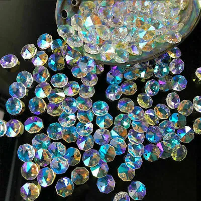 100PC 2 Hole Clear Octagon Crystal Glass Bead Chandelier Part Prisms Facet 14mm • £8.27