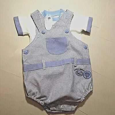 Baby Boy Romper Dungarees Blue Cotton Spanish Style 0-3  3 - 6 Months • £11.99