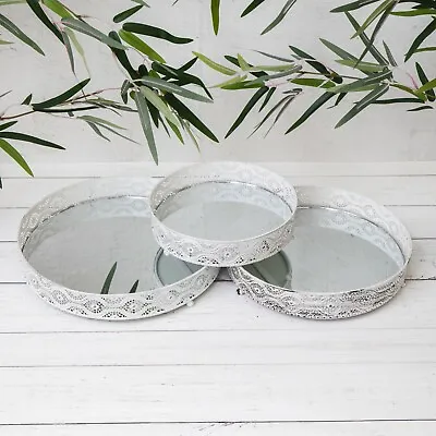 £13.95 • Buy Mirror Glass Distressed White Vintage Metal Candle Plate Perfume Display Trays
