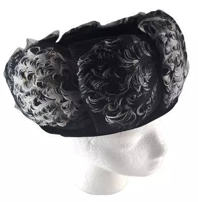 Vintage Haya Rochel Womens Velvet Feather Hat Black White Mid Century 22  • $27.99