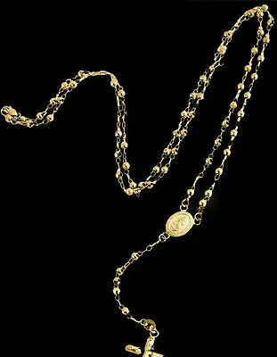 $380.58 • Buy Real 10k Yellow Gold Diamond Cut  Jesus Crucifix Beads Rosary Necklace 22  Oro