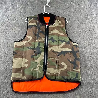 VINTAGE Hunting Vest Mens Medium Green Orange Quilted Faded YKK Zipper 90s USA • $4.99