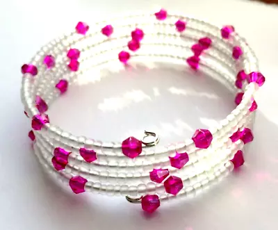 Hot Pink Bicone & Frosted Clear Glass Seed Bead 5 Coil Memory Wire Bracelet. • £5.99