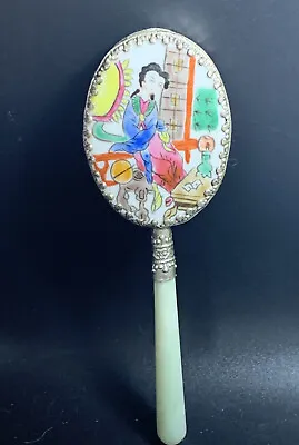 Vintage Asian Women Handheld Mirror Hand Painted Porcelain Jade Handle • $17.09