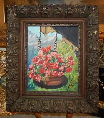 Vtg 70s Antique Framed Signed Original Oil Flowers & Mountain Scene Artist: Riva • $154.75