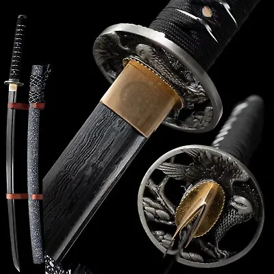 Handmade Black Blade Damascus Folded Steel Katana Eagle Theme Katana Combat Reay • $247.50