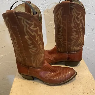 Vintage JUSTIN Western Cowboy BOOTS Sz 9.5 E 8304 Cognac Brown Lizard Leather • $39.99