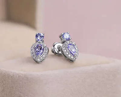 1.01 Ct Bluish Purple Tanzanite & Natural Diamond 14k White Gold Stud Earrings • $785.46