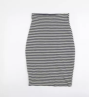 Jane Norman Womens Black Striped Viscose Bandage Skirt Size 10 Zip • £4.25