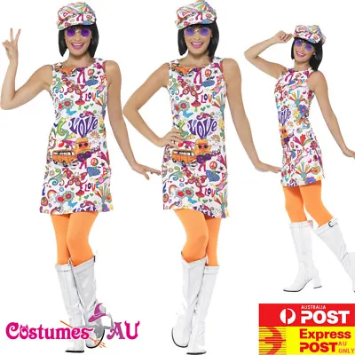 Ladies 60s Groovy Chick Costume Disco 70s Retro Hippie Go Go Dance Fancy Dress • $35.14