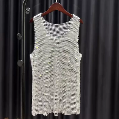 Women Shiny Rhinestone Mesh Dress Fishnet Party Club Sheer Cover Up Mini Dress • $34.21