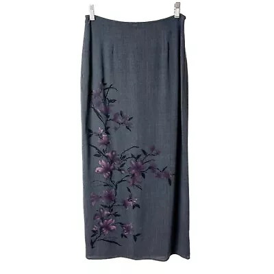 Express Women's Vintage Maxi Skirt 3/4 Asian Floral Orchid Print Gray Wool Lined • $19.95
