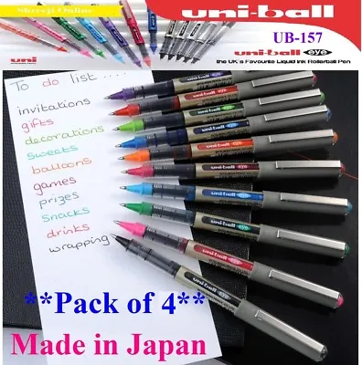 4 X UNI BALL EYE FINE UB 157 ROLLERBALL PEN BLACK BLUE RED GREEN 4 Colour Set • £4.99