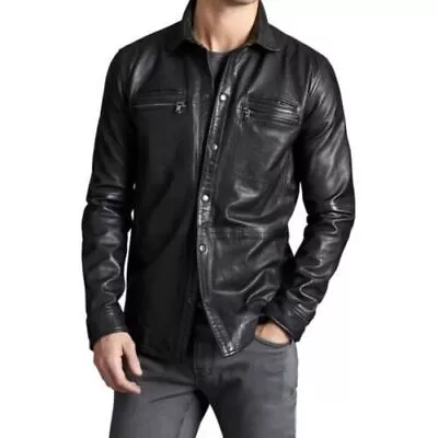 Men's Real Lamb Leather Full Sleeves Black Leather Shirt With Zipped Pockets • $118.99