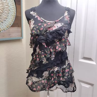 Wet Seal Steampunk Black Lace Womens Blouse Shirt Tank Top Small Floral   • $12.99