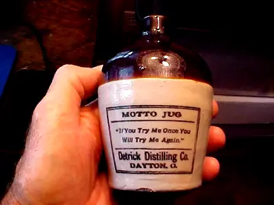 Antique MINI Advertising Stoneware Motto Jug DETRICK DISTILLING Dayton OH • $79.50