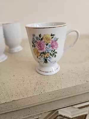 Vintage Gold Rimmed  Footed Tea Cups Flowers-set Of 3- Made In Hunan China • $18